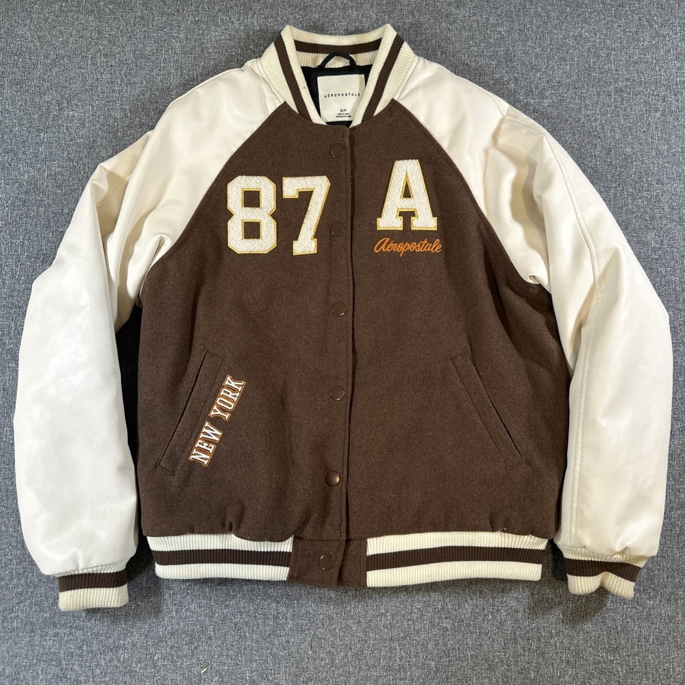 Aeropostale 87A Varsity Jacket Brown Cream Faux Leather Sleeve Size Small